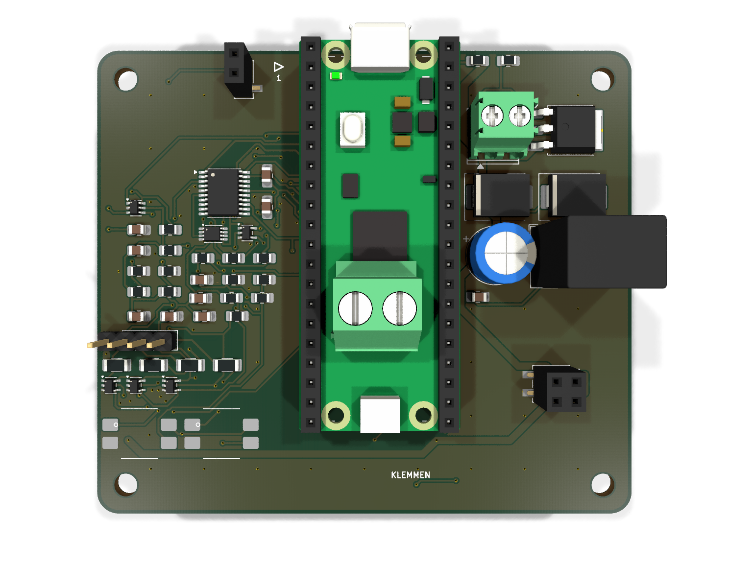 Rendered PicoStack motor module with a Raspberry Pi Pico plugged directly into its own stacking headers — no base board involved